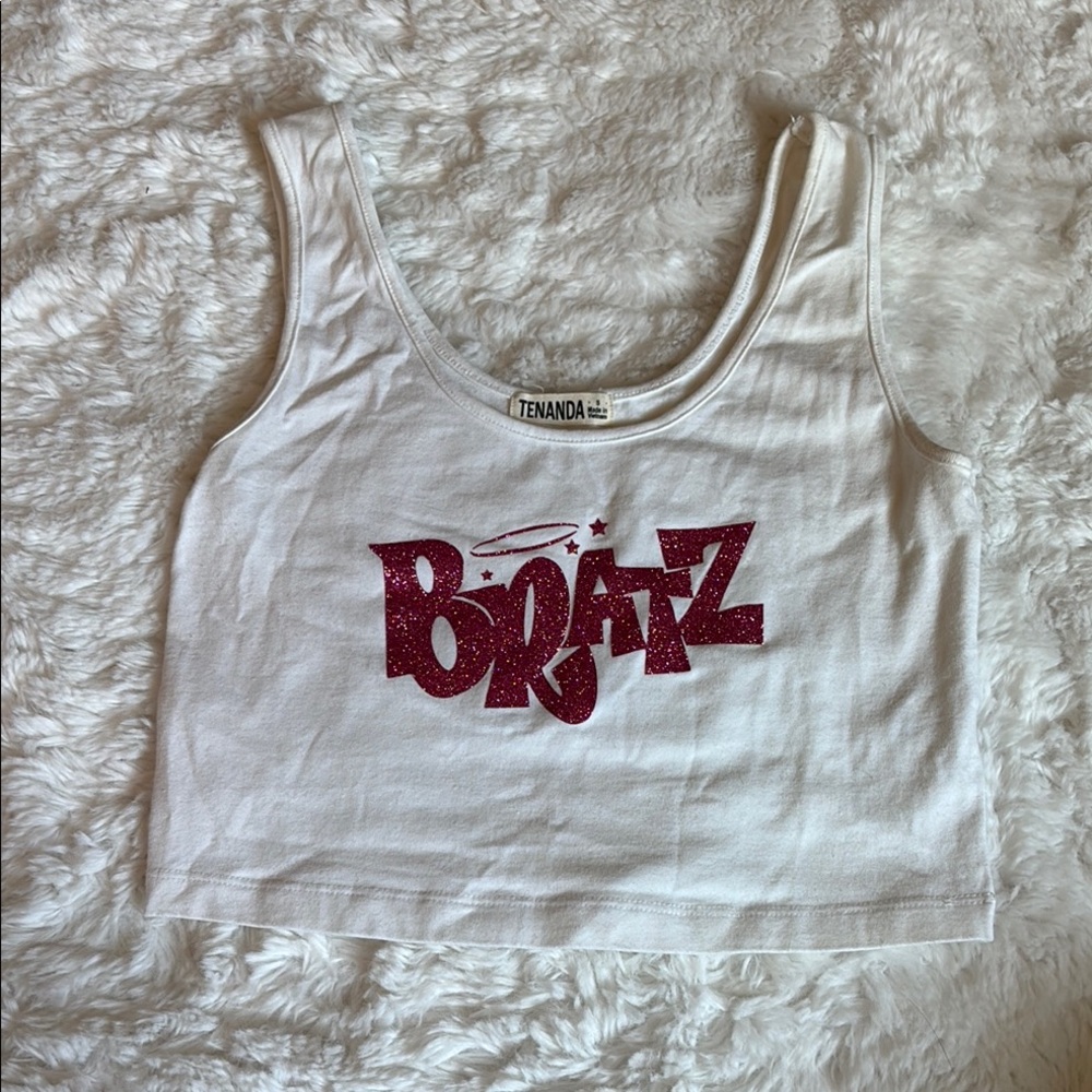 White Pink Sleeveless Crop Tank Top Graphic NWOT